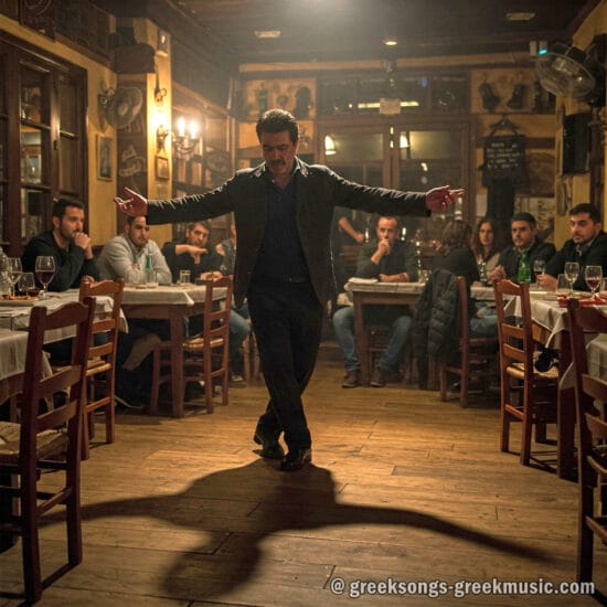 man dancing zeibekiko in a greek taverna