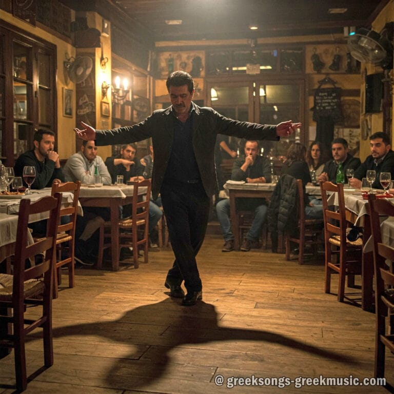 man dancing zeibekiko in a greek taverna